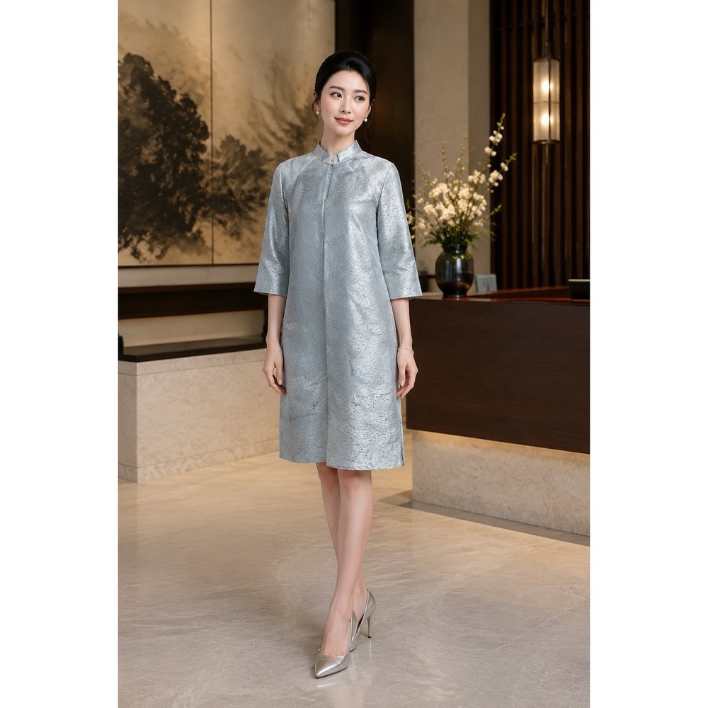 Cute Sass Ao Dai Silver Metallic Vietnamese Tunic Dress Women Size L NWT